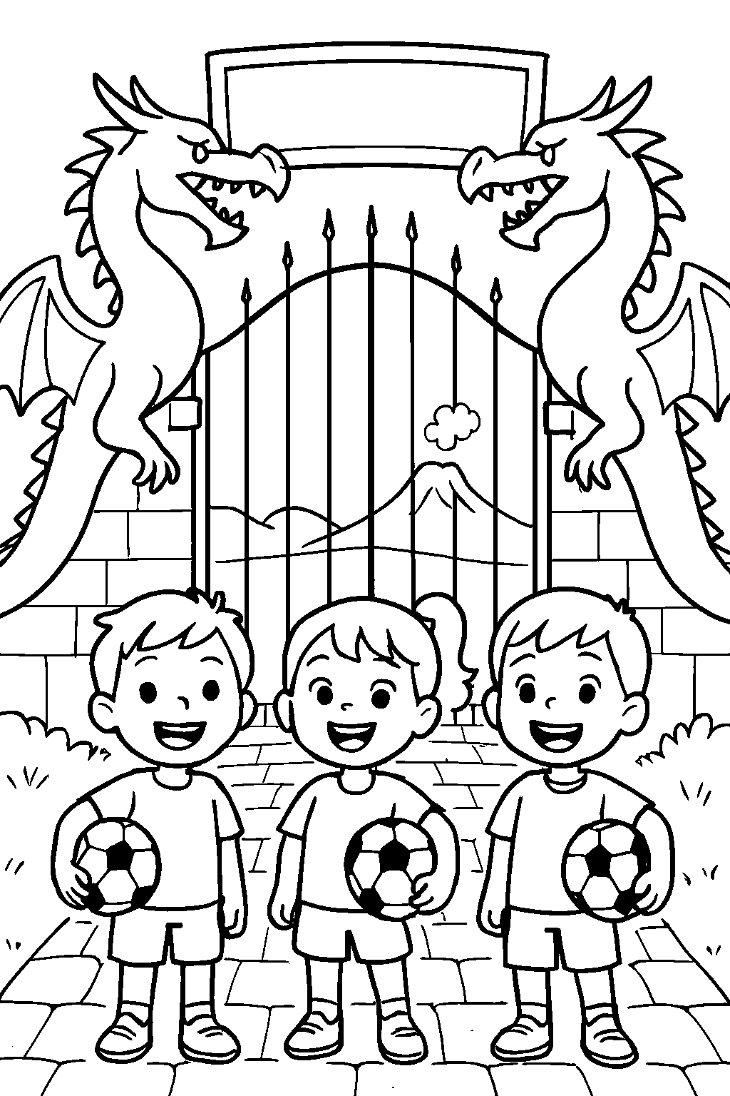 Axel, Aria, and Arlo arrived at the Dragon Soccer Academy with big smiles and bouncing soccer balls. The grand gates were shaped like two giant dragons facing each other!
