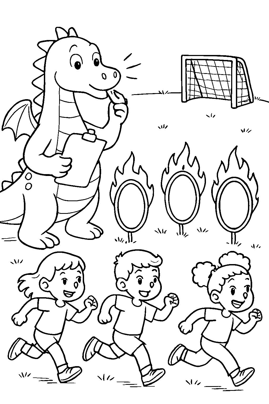 Coach Ember, a big green dragon with a whistle around her neck, blew the whistle to start the tryouts. Axel, Aria, and Arlo ran as fast as they could through a field of fire-hoop obstacle courses!