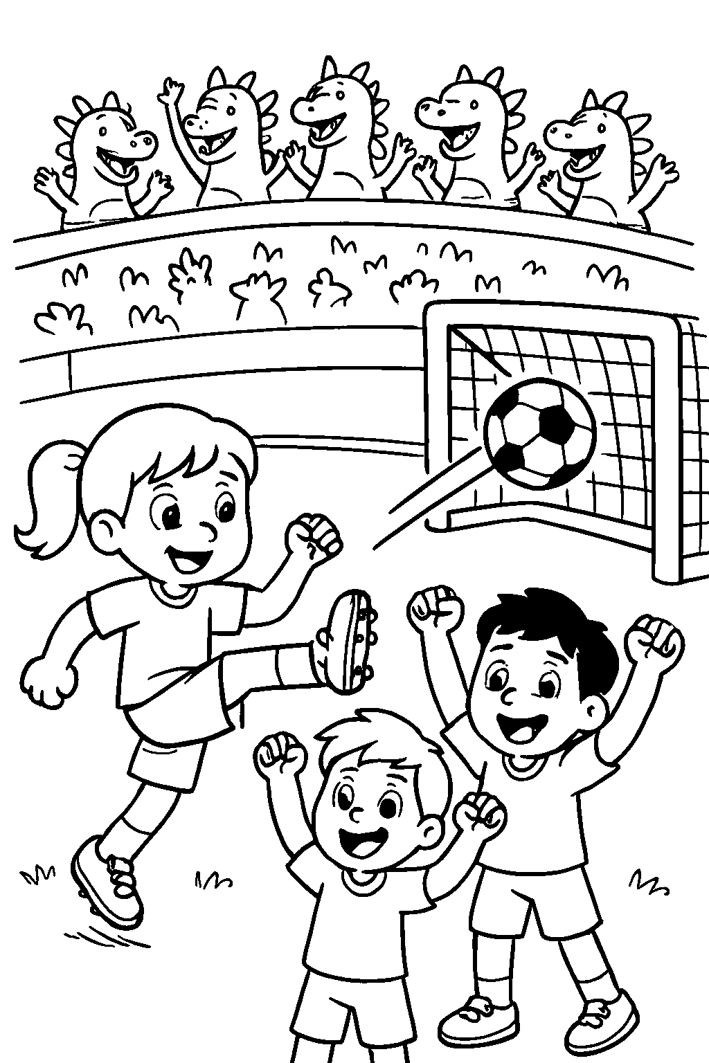 It was time for the big kick! Aria wound up and booted the ball straight into the goal, while Axel and Arlo cheered with their fists in the air. Even the dragon crowd let out a roar!