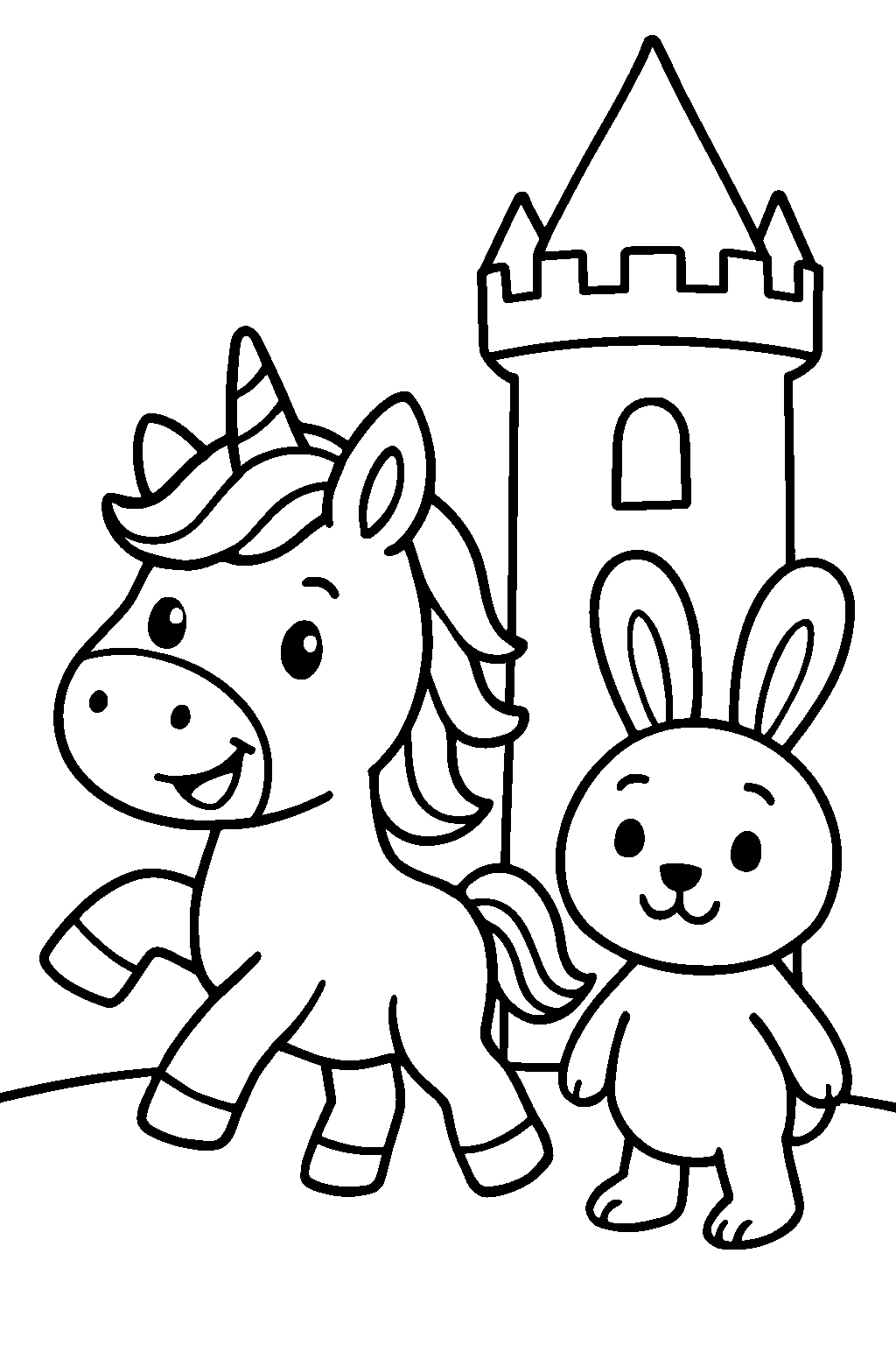 The unicorn played with his friends inside a tall, beautiful castle. They laughed and ran all around together!