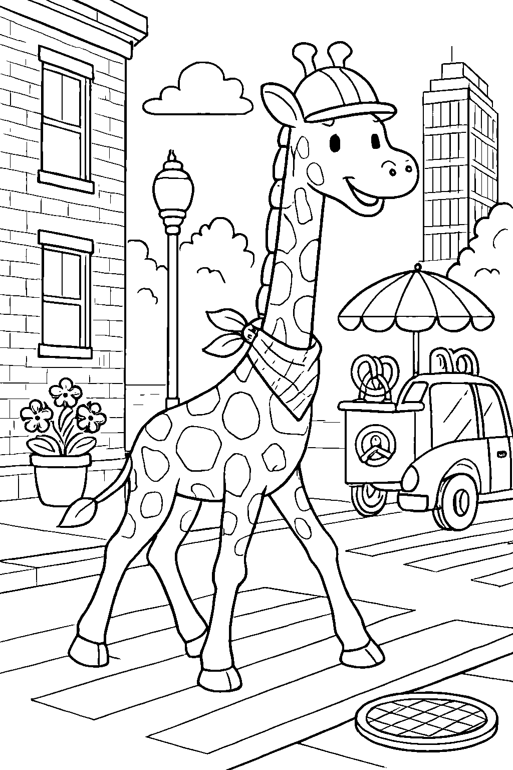 Gerald the giraffe woke up one morning and decided to explore the big, busy city. He walked down the wide sidewalk with a huge smile, ready to make new friends.