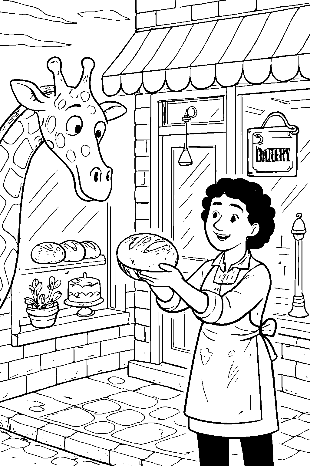 Gerald spotted a baker named Rosa pulling fresh bread out of her shop. He peeked through the big window and Rosa laughed, handing him a warm loaf.