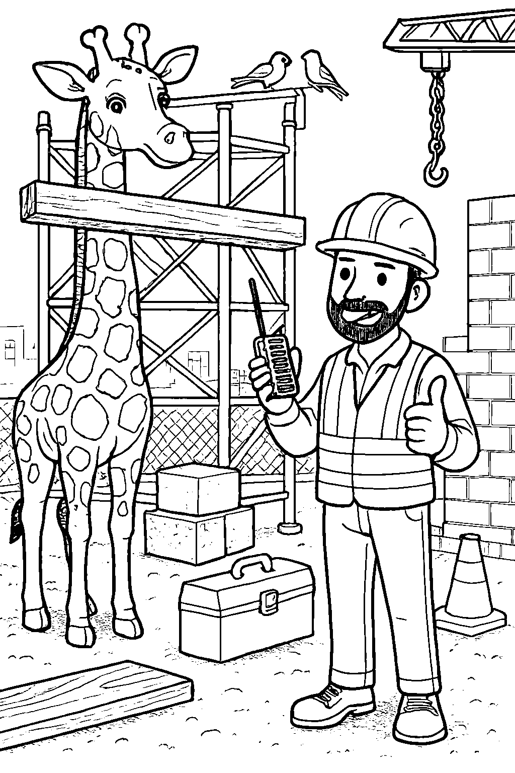 Next, Gerald found a construction worker named Marco building a tall new building. Gerald used his long neck to help lift a big beam all the way to the top!