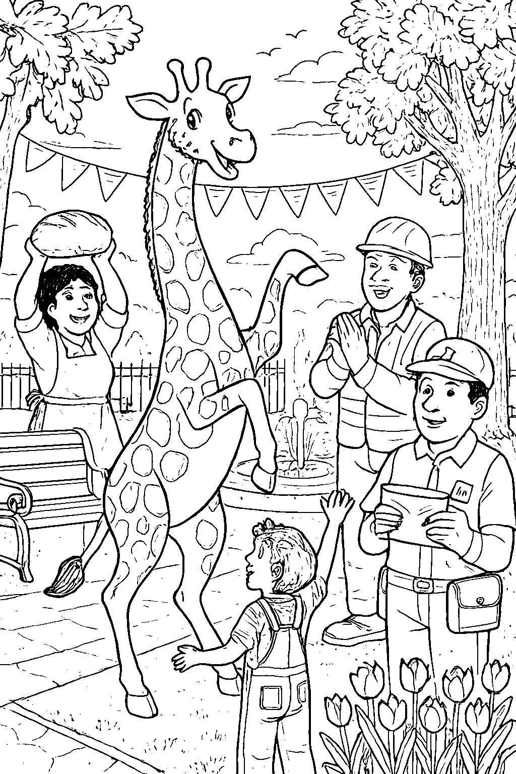 By the end of the day, all the city workers gathered in the park to celebrate their new tall friend Gerald. Everyone cheered and Gerald danced with joy!