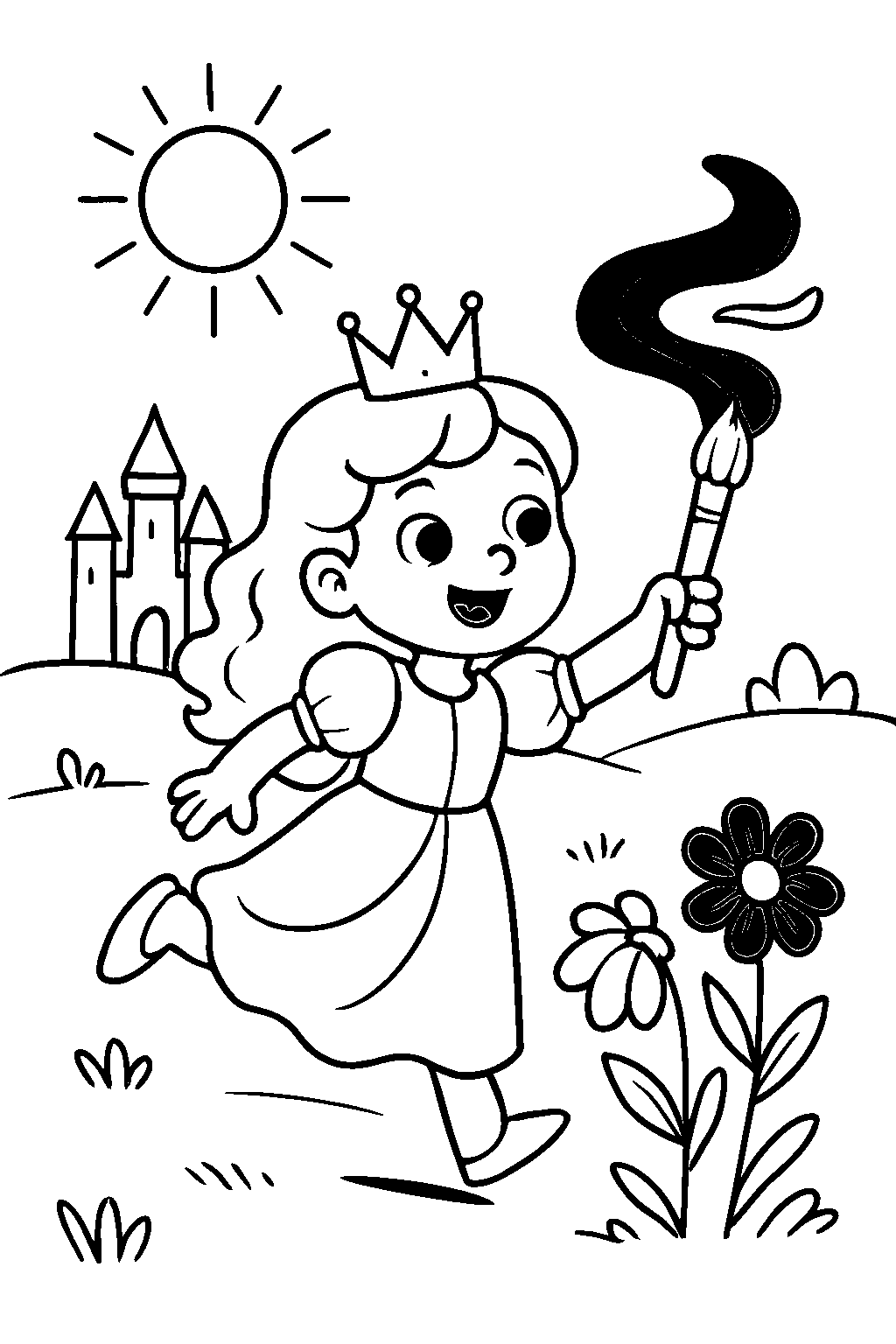 Princess Violet grabbed her magic paintbrush and ran into the colorless land. She swirled the brush and splashed red, orange, and yellow back into the flowers and the sun!