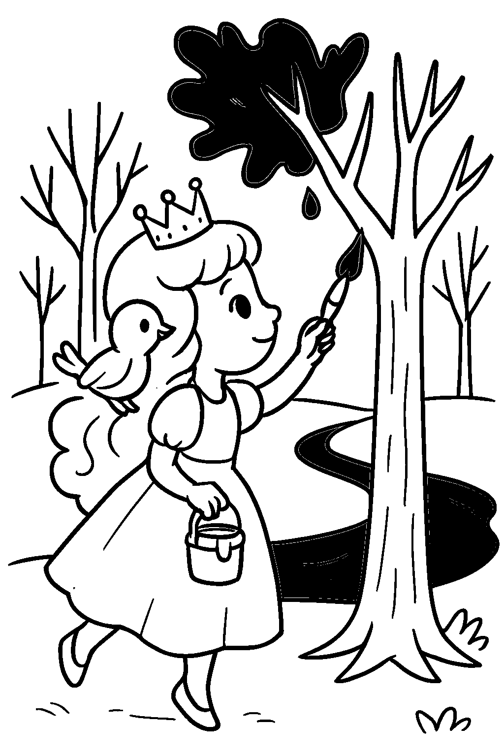 Next, Princess Violet painted green back onto the trees and blue back onto the river. A friendly bluebird flew down and helped her carry extra pots of color!