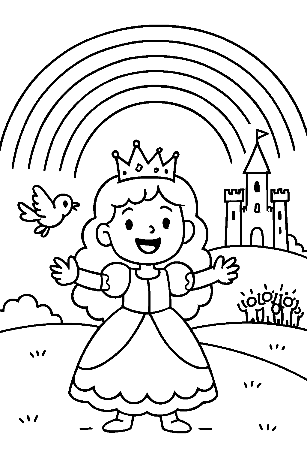 Finally, Princess Violet painted a giant rainbow across the whole sky with every color there is! The whole kingdom cheered, and the green castle glowed brighter than ever before.