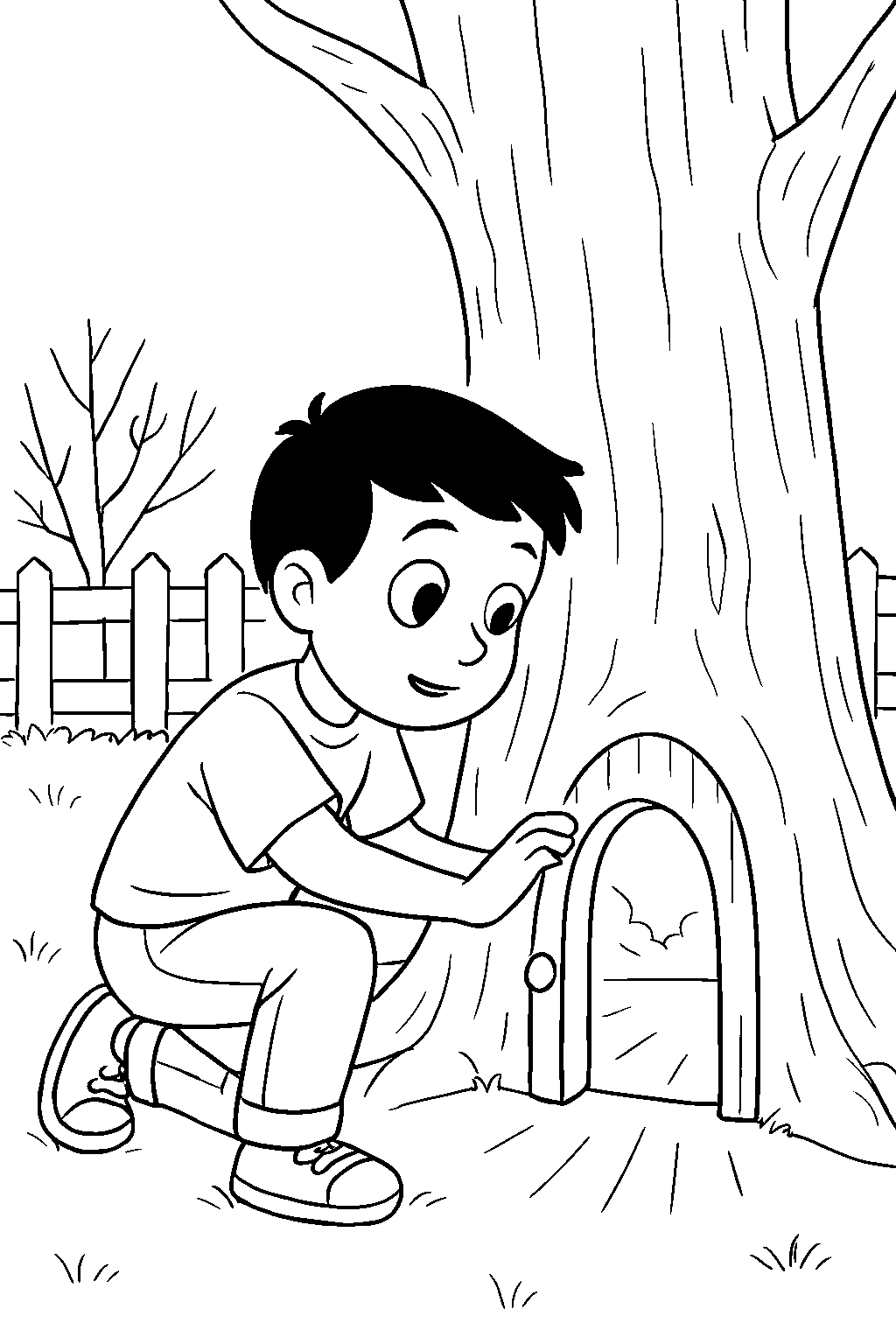 Leo finds a tiny glowing door hidden behind the old tree in his garden. He takes a deep breath, opens it, and steps into a magical kingdom where everything is grey and colorless.