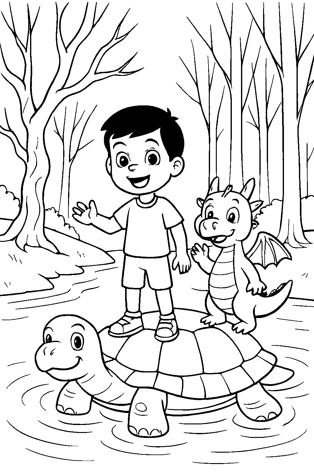A friendly little dragon runs up to Leo and asks for his help to find the stolen colors. Together they walk bravely into the enchanted forest and cross a wide river on the back of a giant smiling turtle.