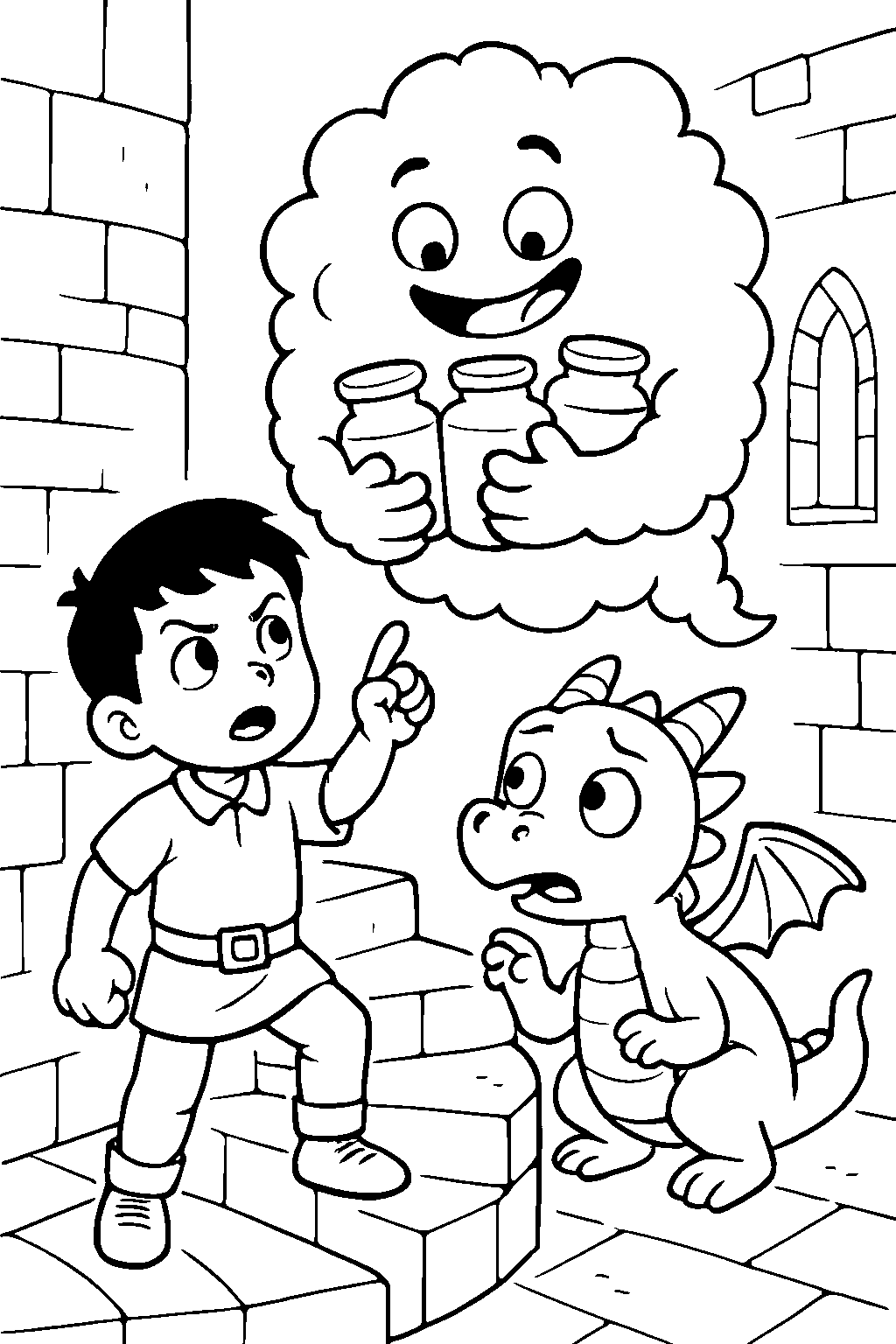 Leo and the little dragon explore a mysterious grey castle, searching every tower and dark hallway for the missing colors. Then, high in the tallest tower, they spot a silly fluffy cloud monster clutching jars of stolen colors!