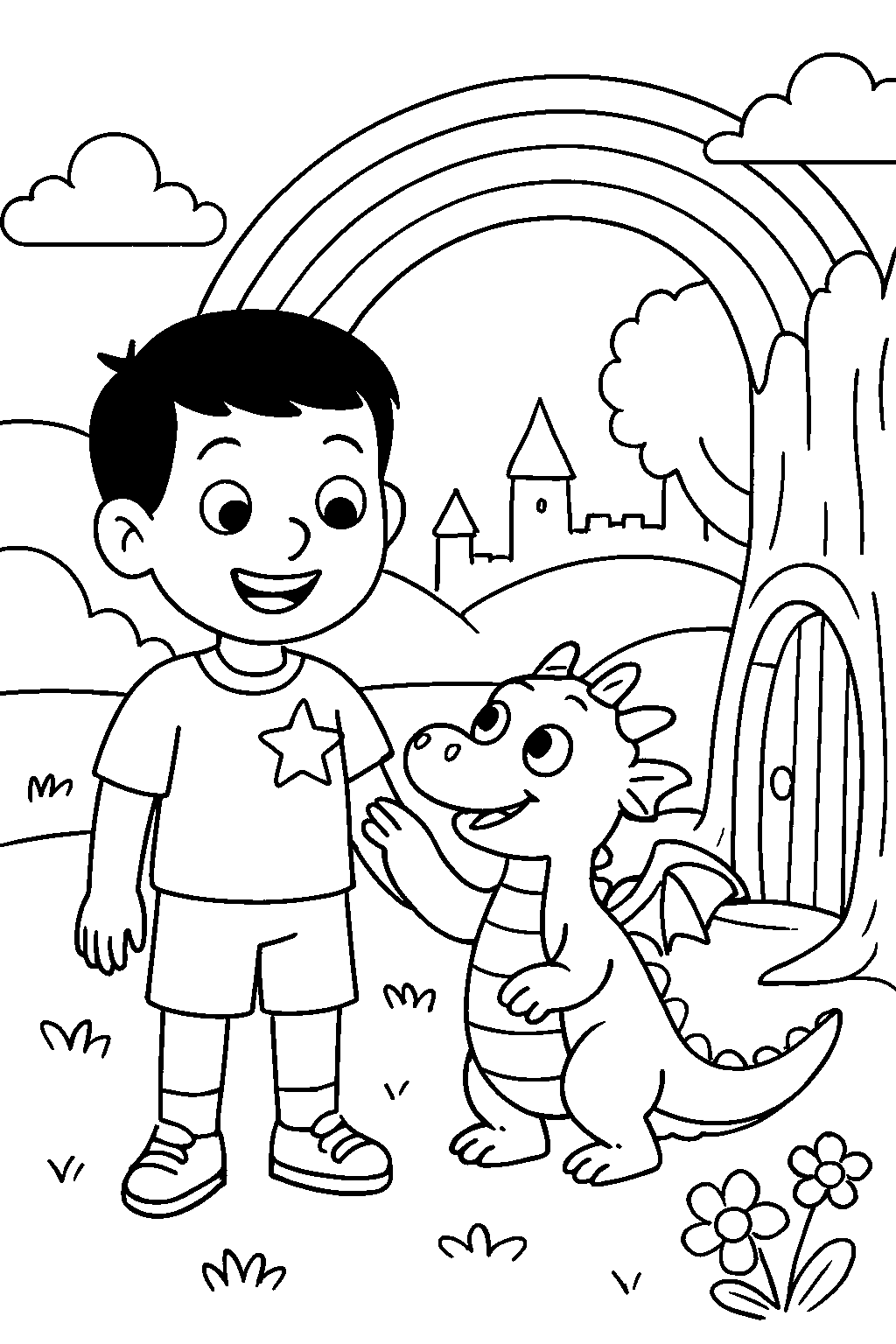Leo uses his courage and imagination to trick the cloud monster, and colors burst back across the whole kingdom in a beautiful rainbow. The grateful dragon pins a shining star medal on Leo's chest, and Leo hurries home through the tiny door just in time for bed.
